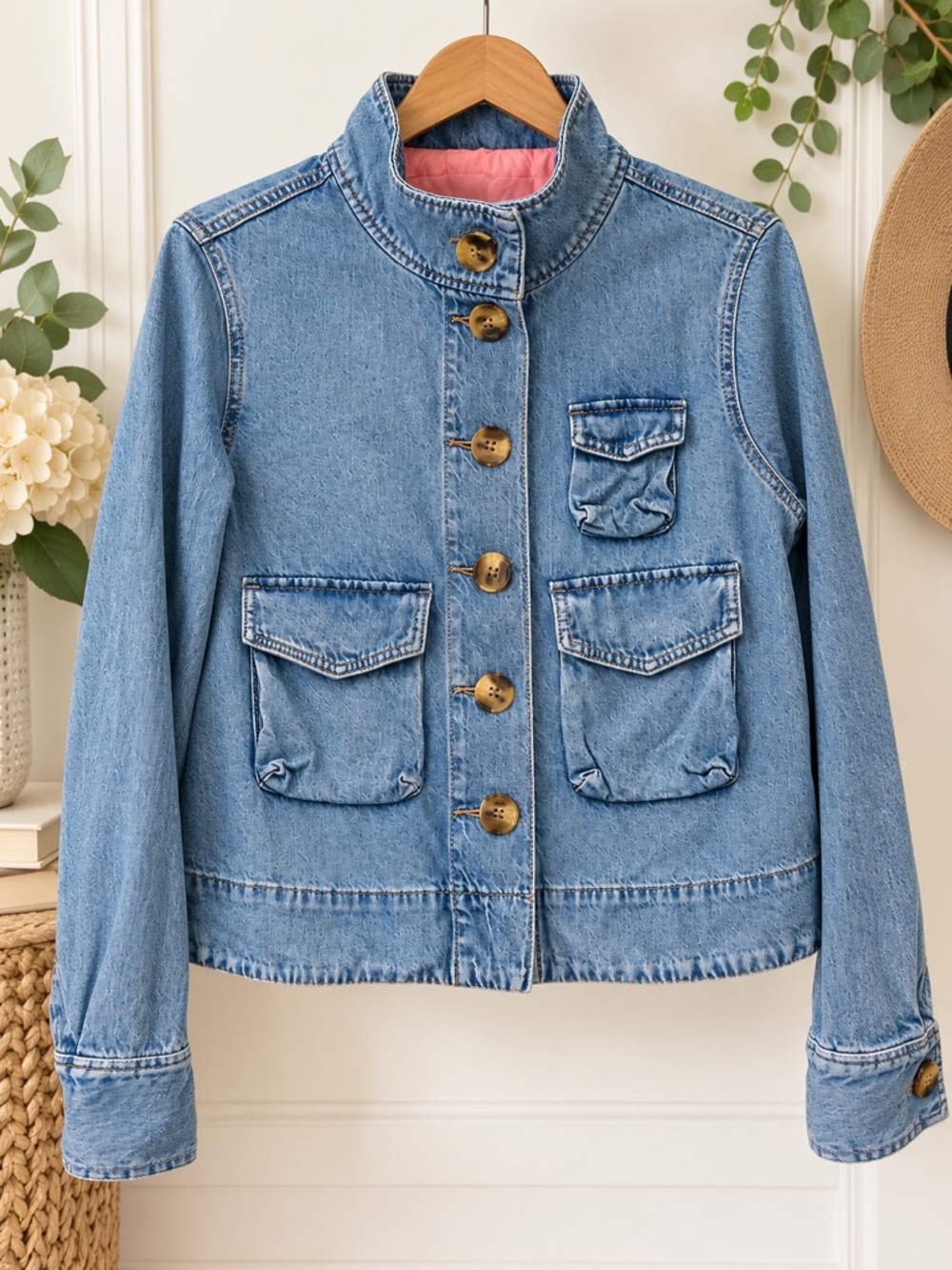 LOFT 100% Cotton Denim Utility Jacket Size S Light Wash Button Front